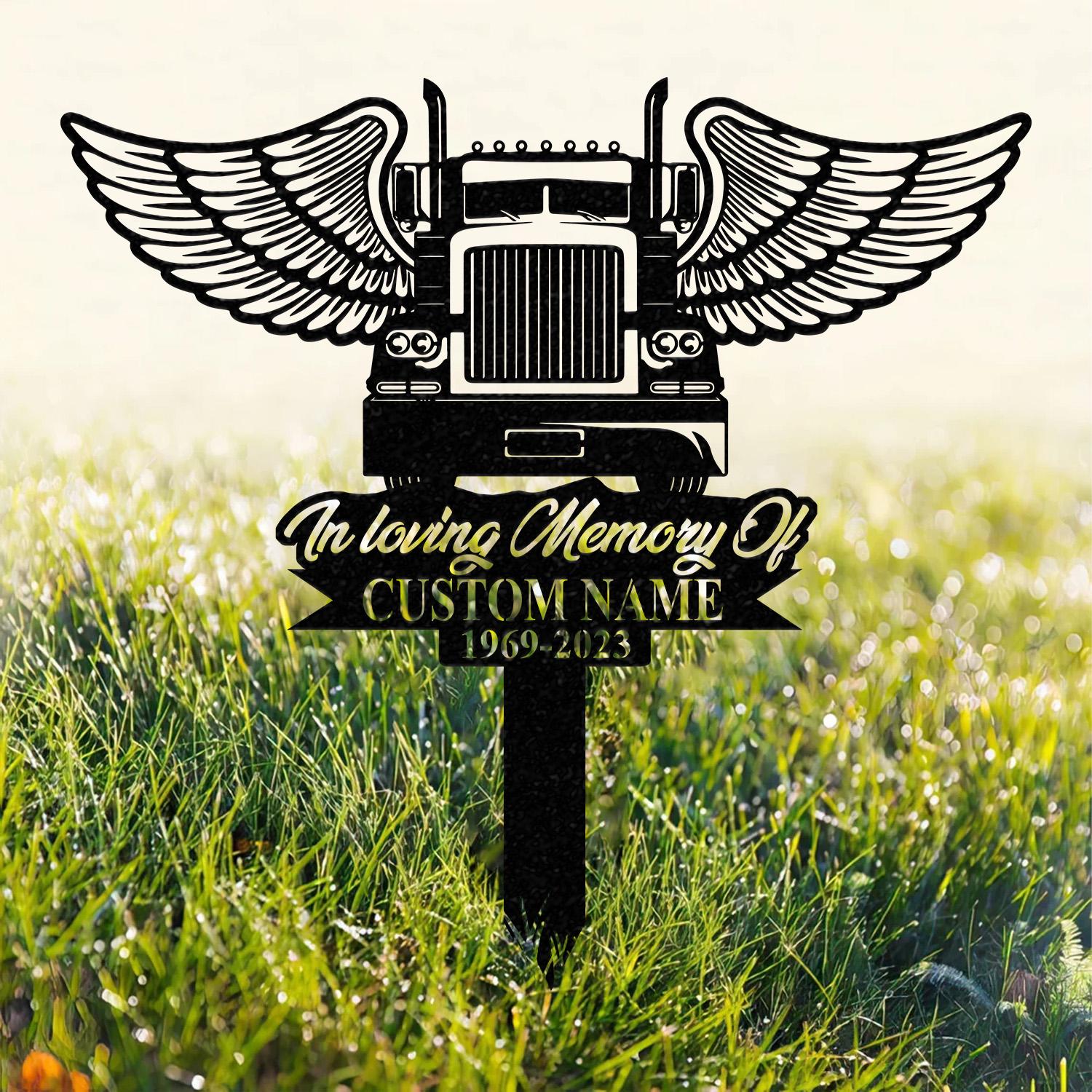 Personalized Semi Truck Trucker Truck Driver Angel Wings Memorial Stake, Metal Stake, Sympathy Sign, Grave Marker, Remembrance Stake