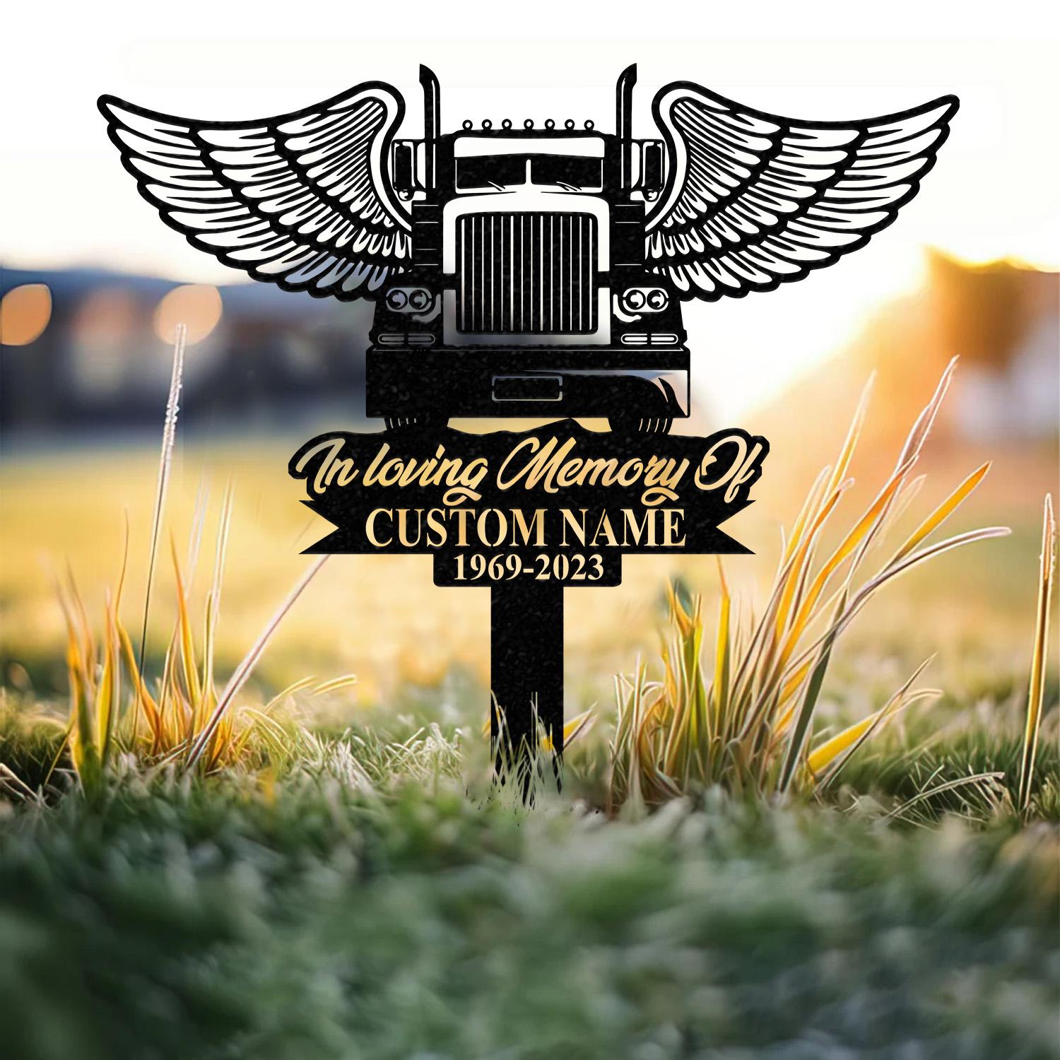 Personalized Semi Truck Trucker Truck Driver Angel Wings Memorial Stake, Metal Stake, Sympathy Sign, Grave Marker, Remembrance Stake