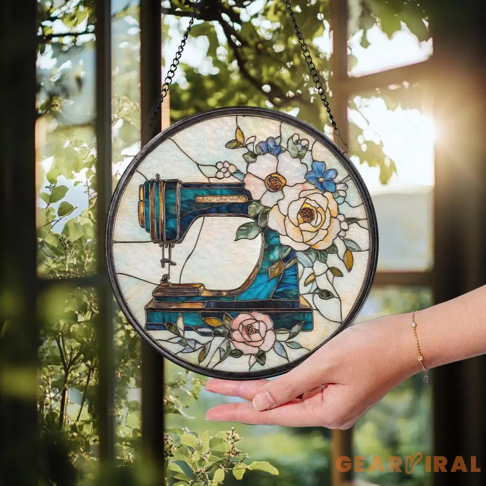 Personalized Sewing Machine Glass Suncatcher Wildflower Window Hanging for Tailor Shop or Sewing Room Gift for Mom or