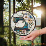 Personalized Sewing Machine Glass Suncatcher Wildflower Window Hanging for Tailor Shop or Sewing Room Gift for Mom or