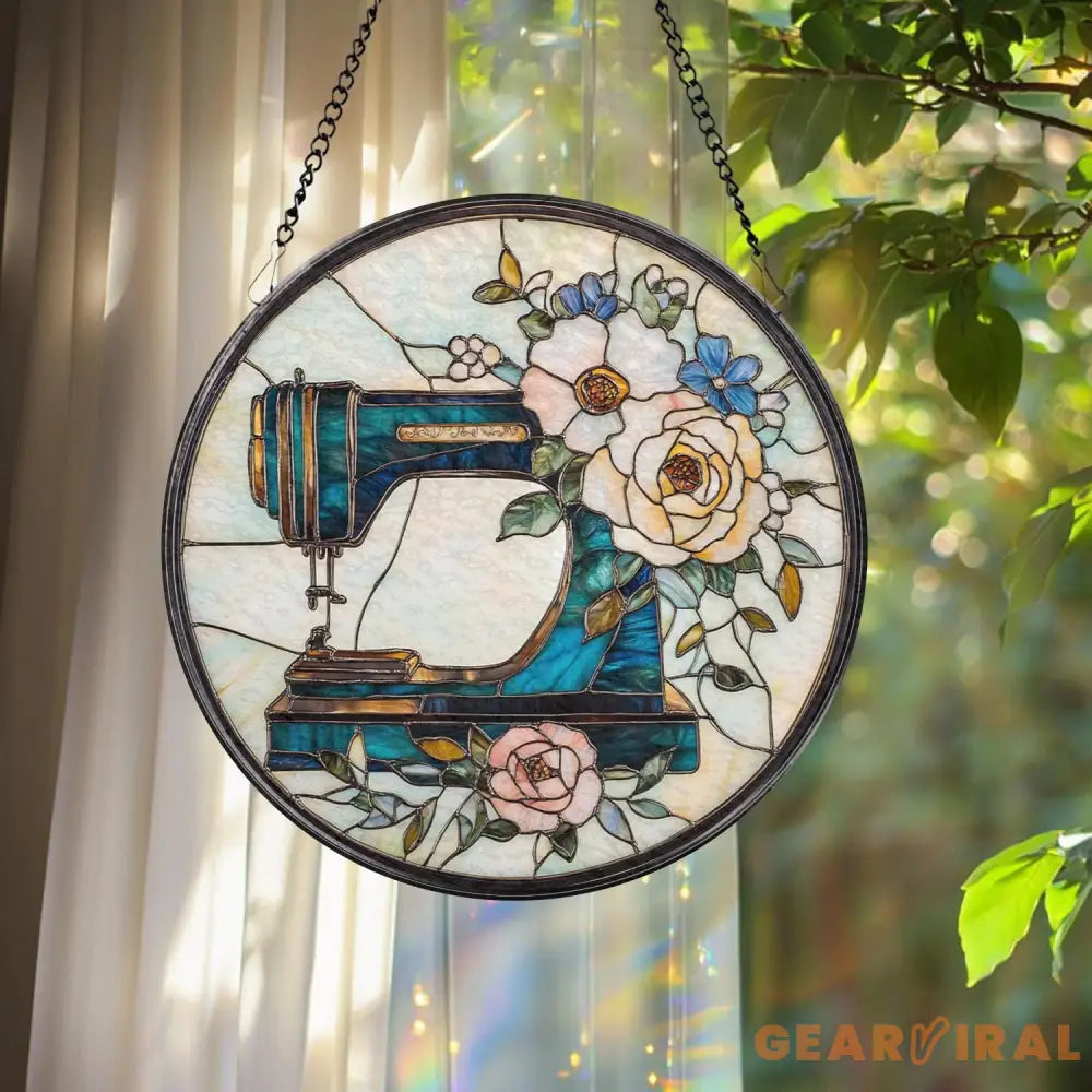 Personalized Sewing Machine Glass Suncatcher Wildflower Window Hanging for Tailor Shop or Sewing Room Gift for Mom or