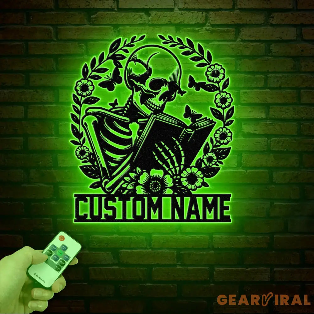 Personalized Skeleton Reading Books Metal Sign with LED Lights - Library Decor - Bookworm & Reading Room Sign - Book