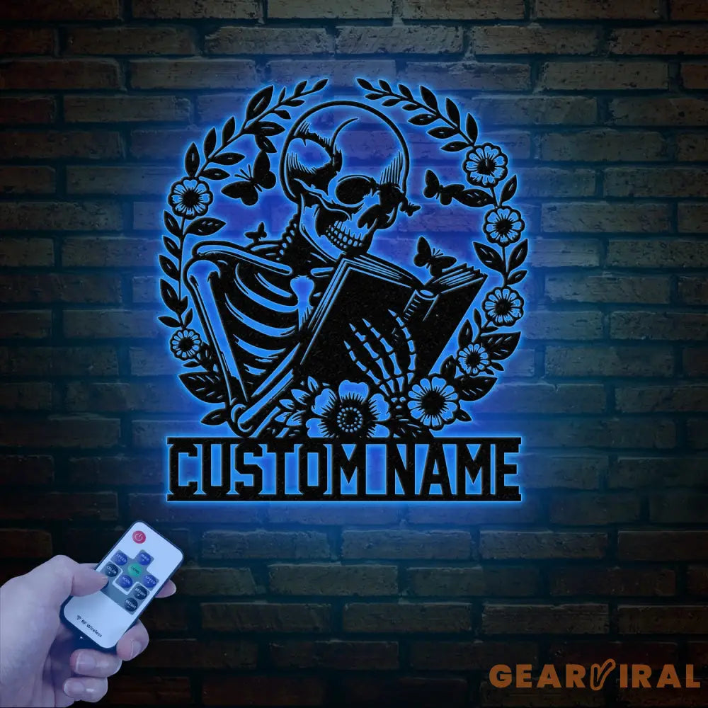 Personalized Skeleton Reading Books Metal Sign with LED Lights - Library Decor - Bookworm & Reading Room Sign - Book