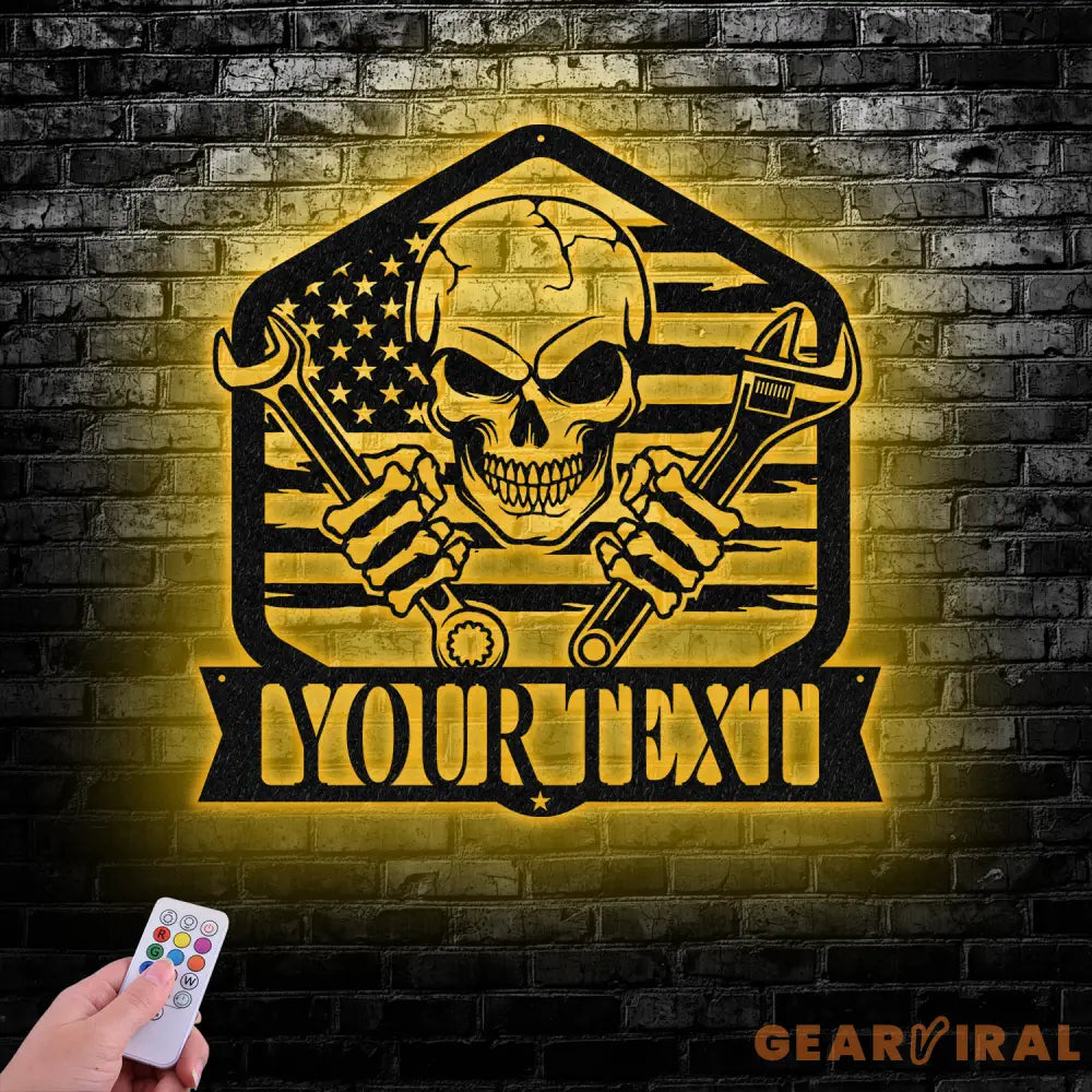 Personalized Skull Mechanic Metal Wall Art LED Light Custom Workshop Name Sign Home Decor Car Mechanic - Gearviral