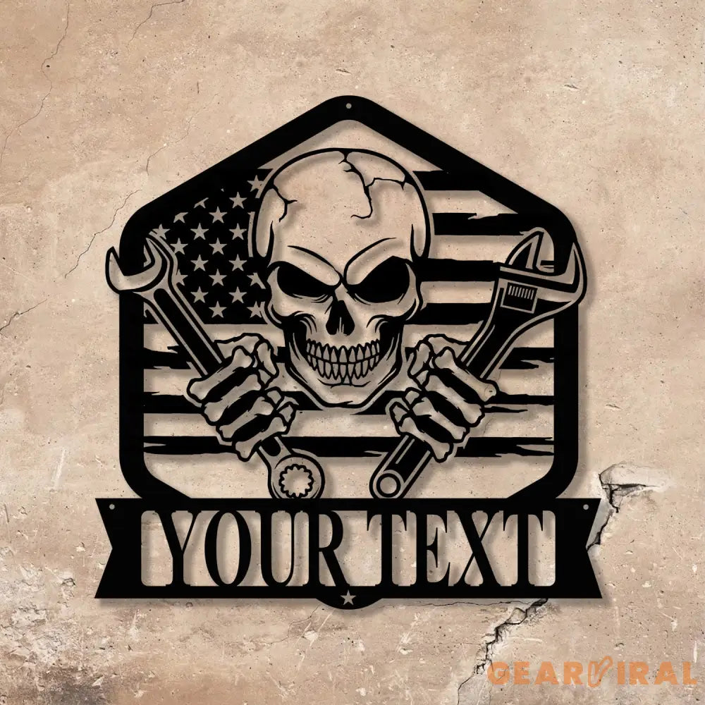 Personalized Skull Mechanic Metal Wall Art LED Light Custom Workshop Name Sign Home Decor Car Mechanic - Gearviral