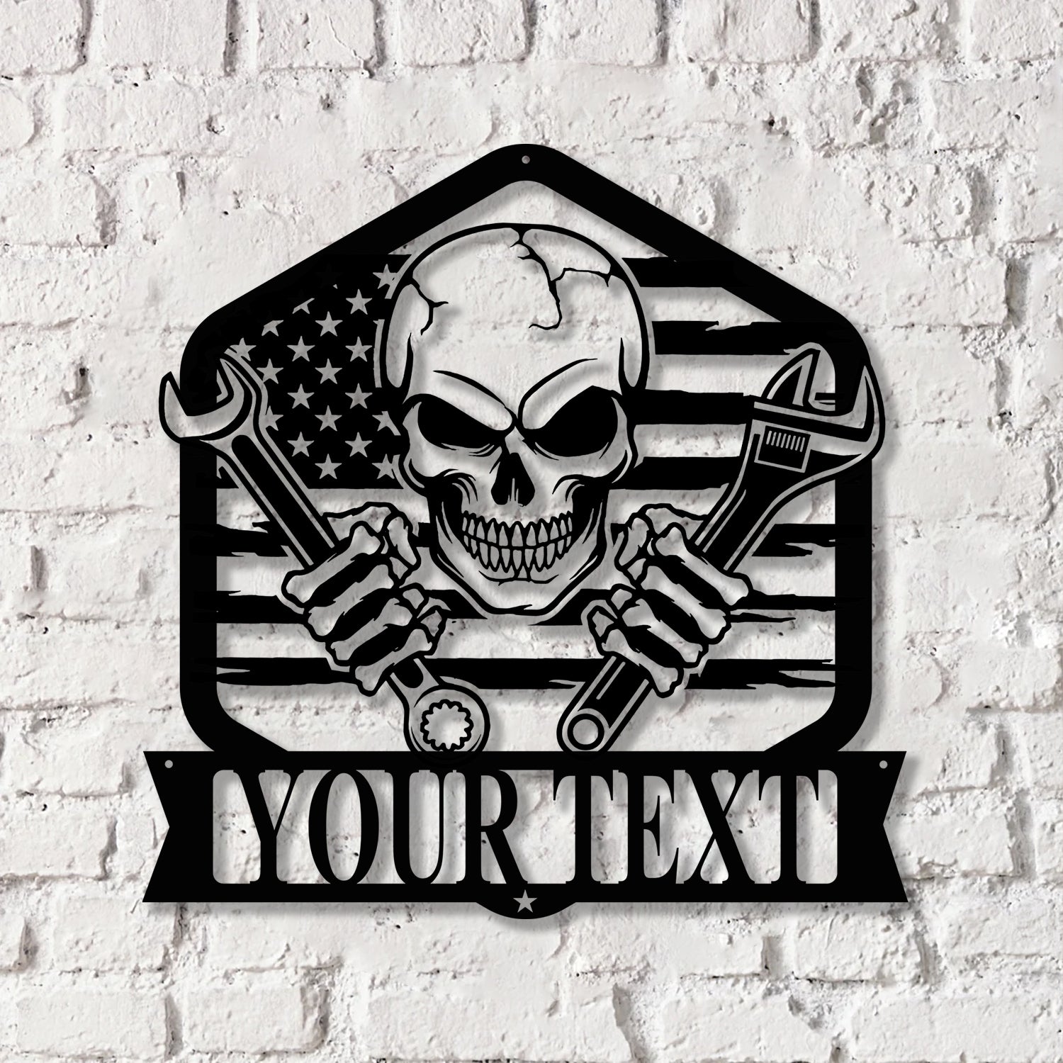 Personalized Skull Mechanic Metal Wall Art LED Light, Custom Workshop Name Sign, Home Decor Car Mechanic - Gearviral