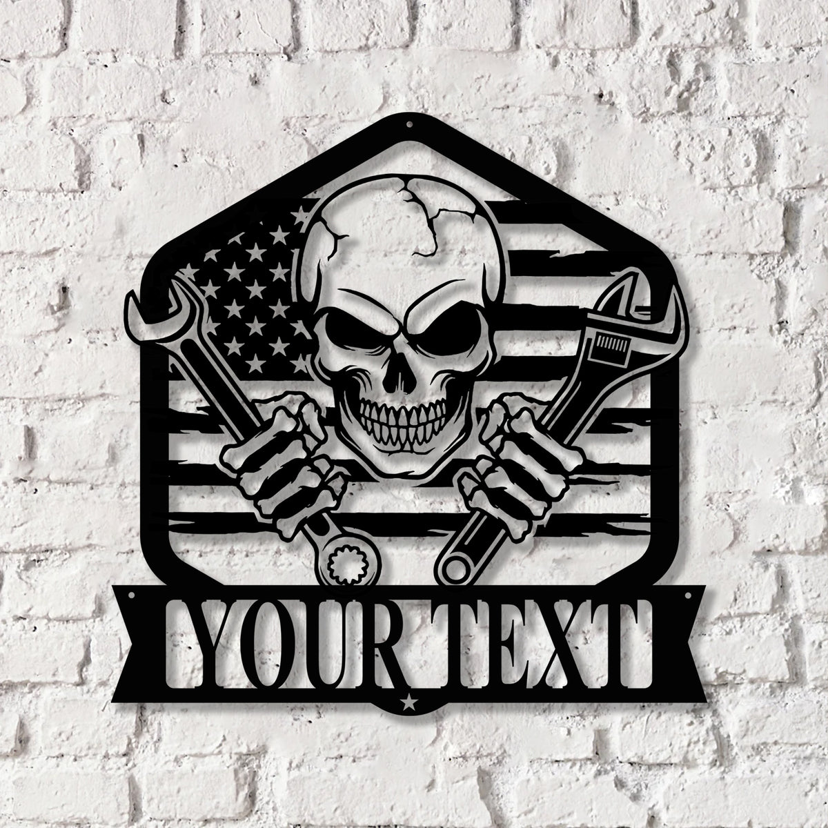 Personalized Skull Mechanic Metal Wall Art LED Light, Custom Workshop Name Sign, Home Decor Car Mechanic - Gearviral