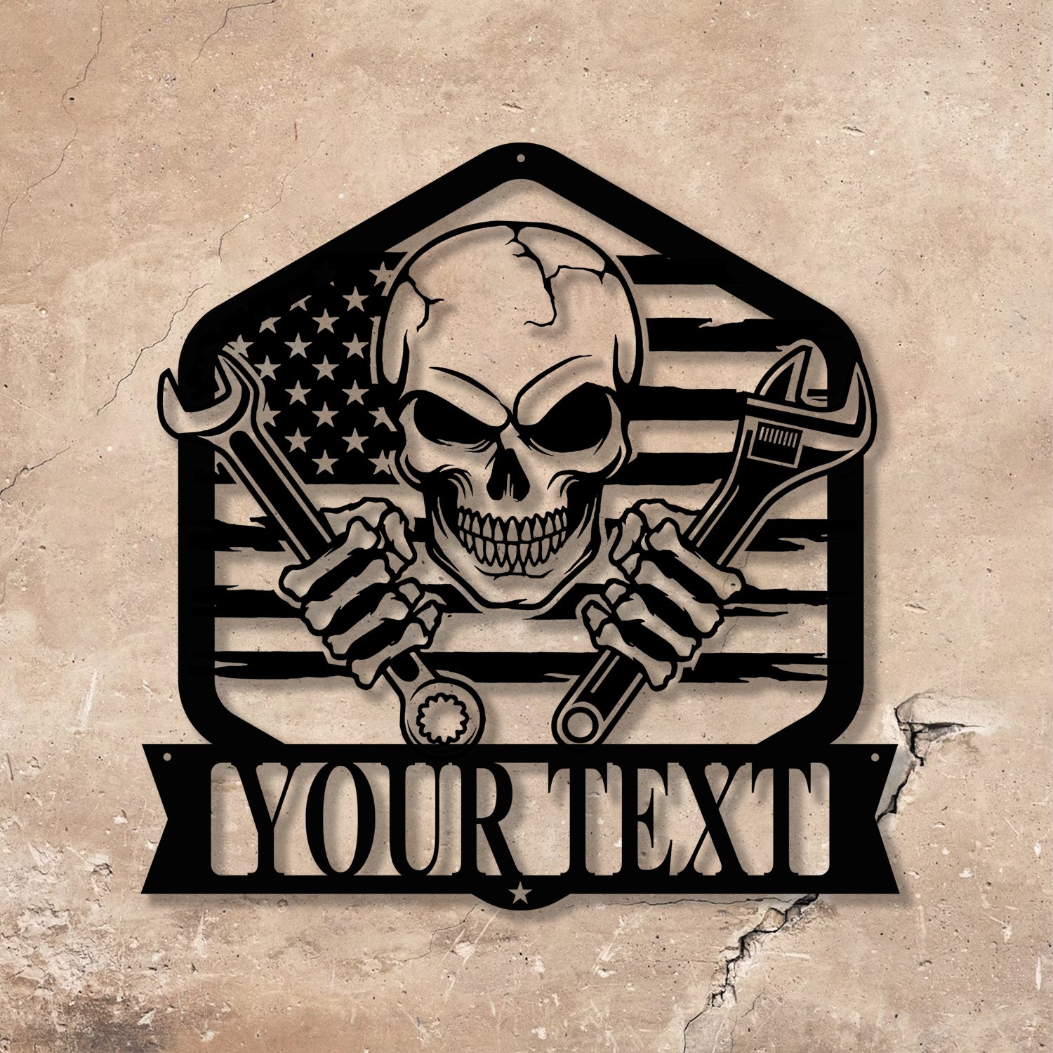 Personalized Skull Mechanic Metal Wall Art LED Light, Custom Workshop Name Sign, Home Decor Car Mechanic - Gearviral