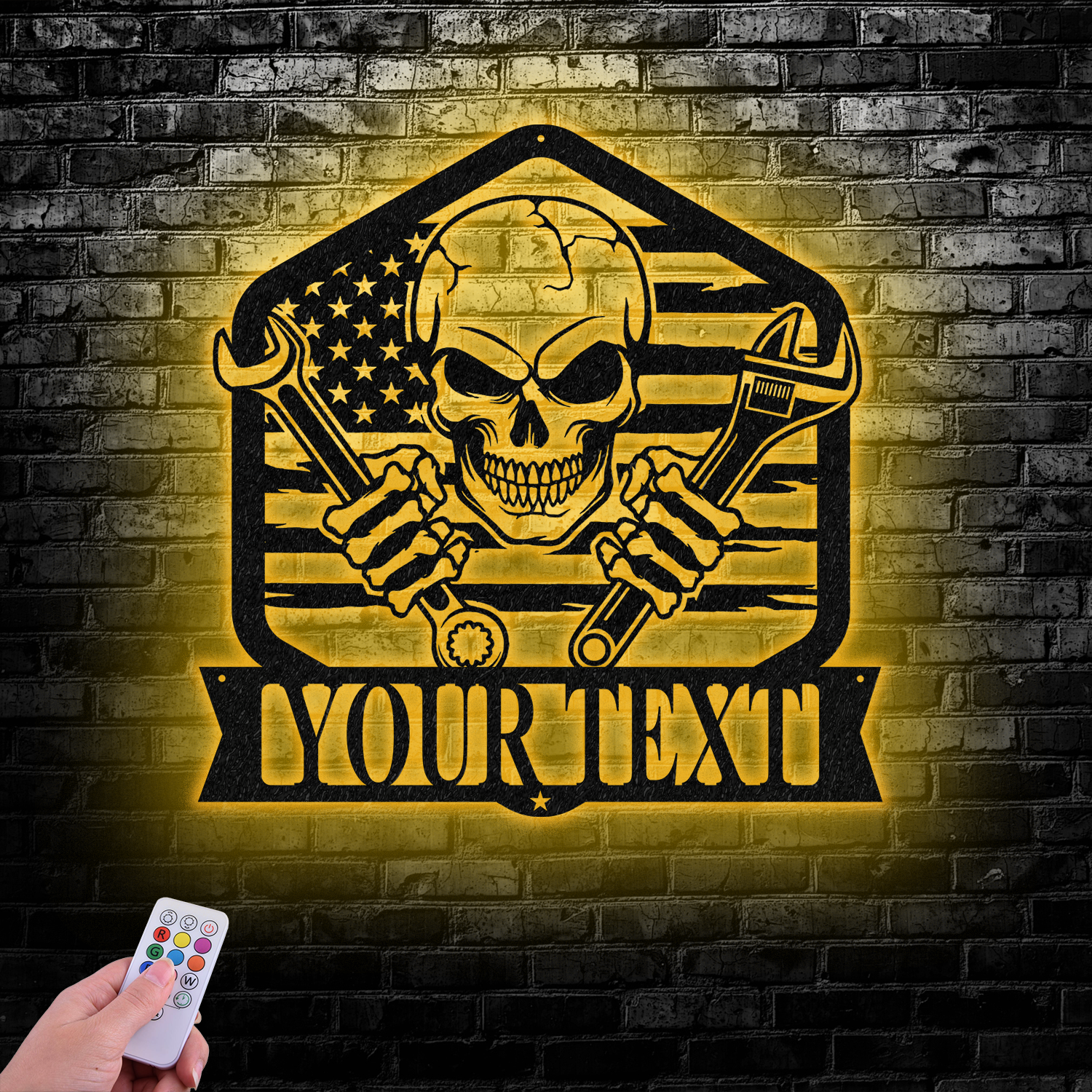 Personalized Skull Mechanic Metal Wall Art LED Light, Custom Workshop Name Sign, Home Decor Car Mechanic - Gearviral