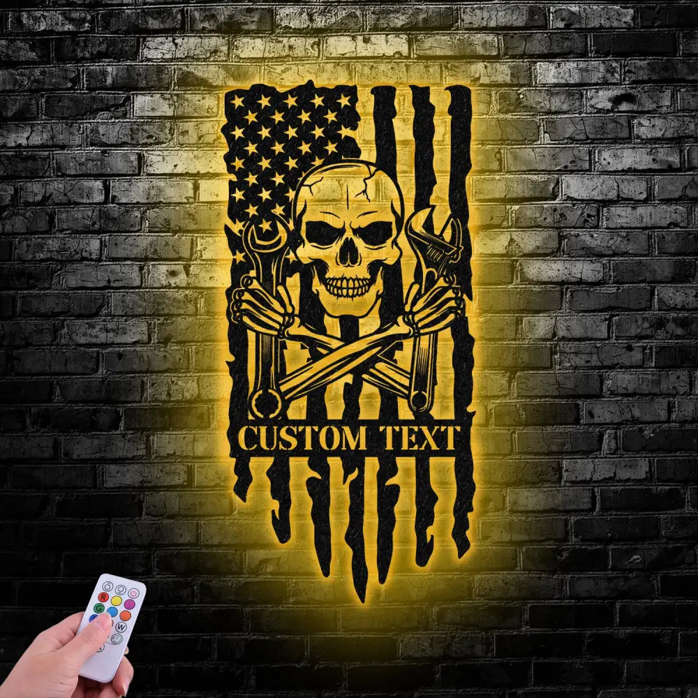Personalized Skull Mechanic Metal Wall Art LED Light Custom Workshop Name Sign Home Decor Car Mechanic Vs2 - Gearviral