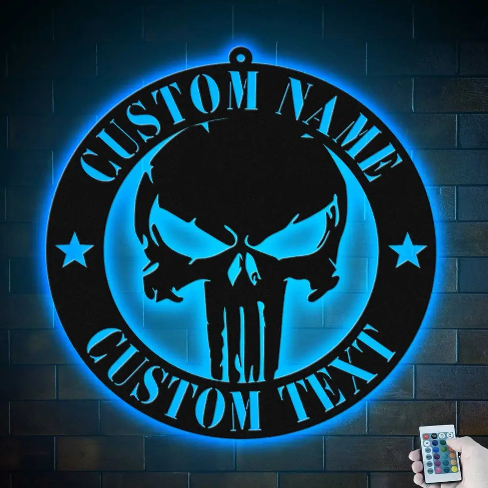 Personalized Skull Name Sign Custom Punisher Skull Metal Wall Art LED Light Home Decor We The People Patriotic