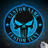 Personalized Skull Name Sign Custom Punisher Skull Metal Wall Art LED Light Home Decor We The People Patriotic