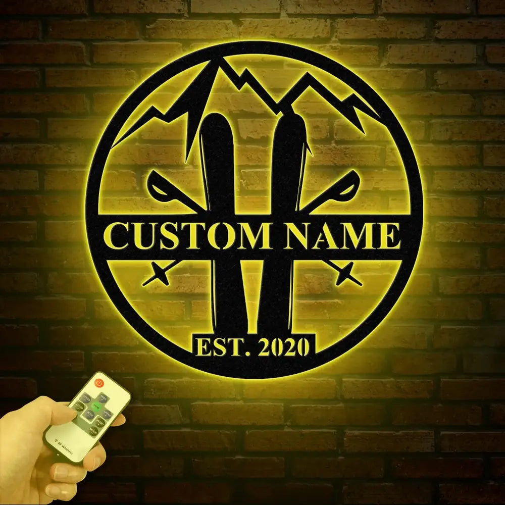 Personalized Snow Skiing Sign with LED Lights - Custom Metal Ski Sign - Snow Skier Gift with Name - Ski Lodge & Resort