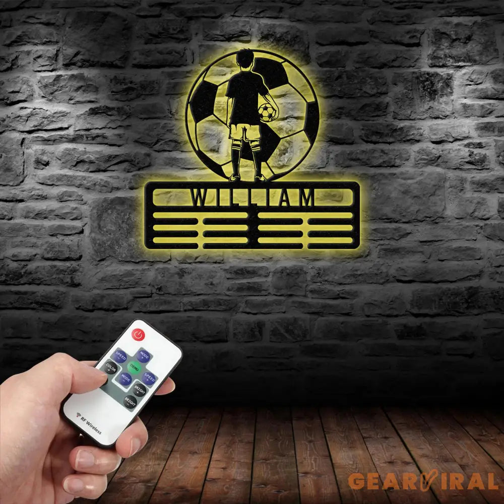 Personalized Soccer Boy Medal Holder,Custom Soccer Name Medal Hanger,12 Rungs for Medals & Ribbons,Soccer Award