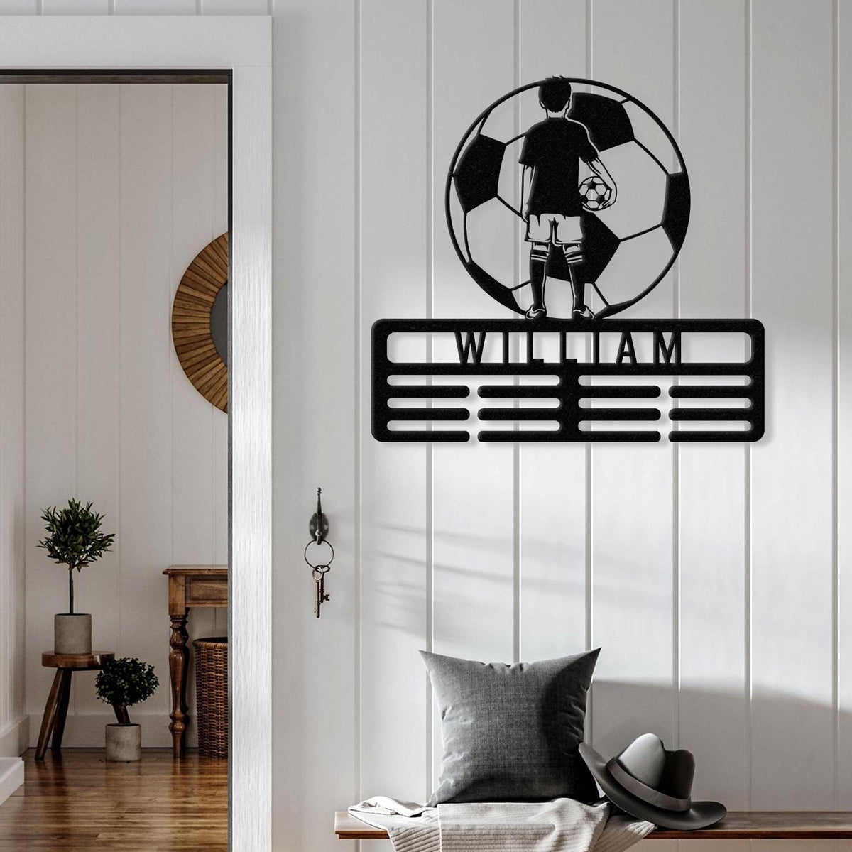 Personalized Soccer Boy Medal Holder,Custom Soccer Name Medal Hanger,12 Rungs for Medals & Ribbons,Soccer Award Display,Soccer Medal Display
