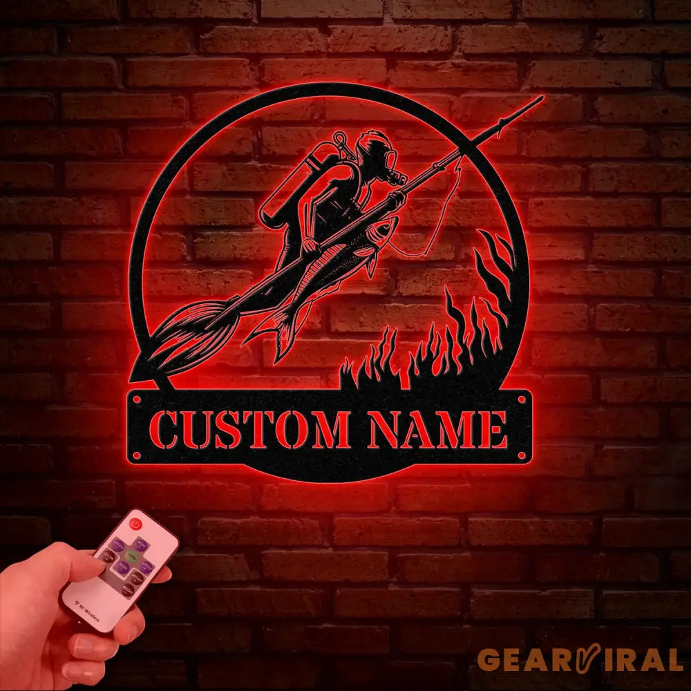 Personalized Spearfishing Metal Sign with Led Light Custom Water Sport Wall Art Fisherman Decor Scuba Wall Hanging Gift