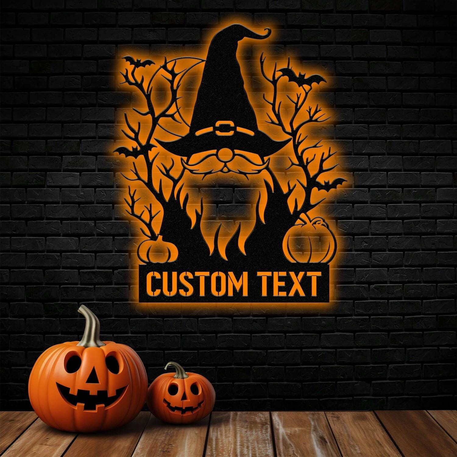 Personalized Spooky Gnome Pumpkin Halloween Metal Wall Art Led Light, Custom Halloween Sign, Halloween Party Decor, Custom Metal Fall Autumn