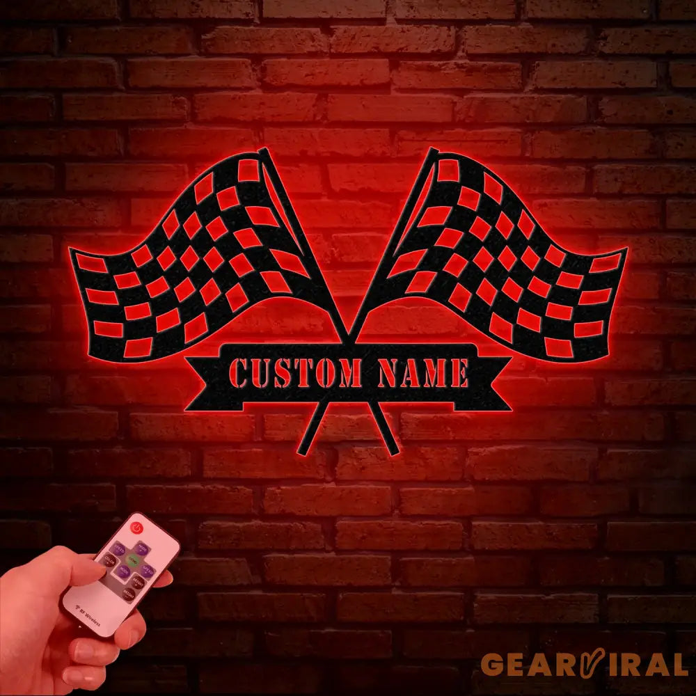 Personalized Start Finish Racing Flag Metal Wall Art LED Light Custom Race Checkered Flag Name Sign Checker Topper