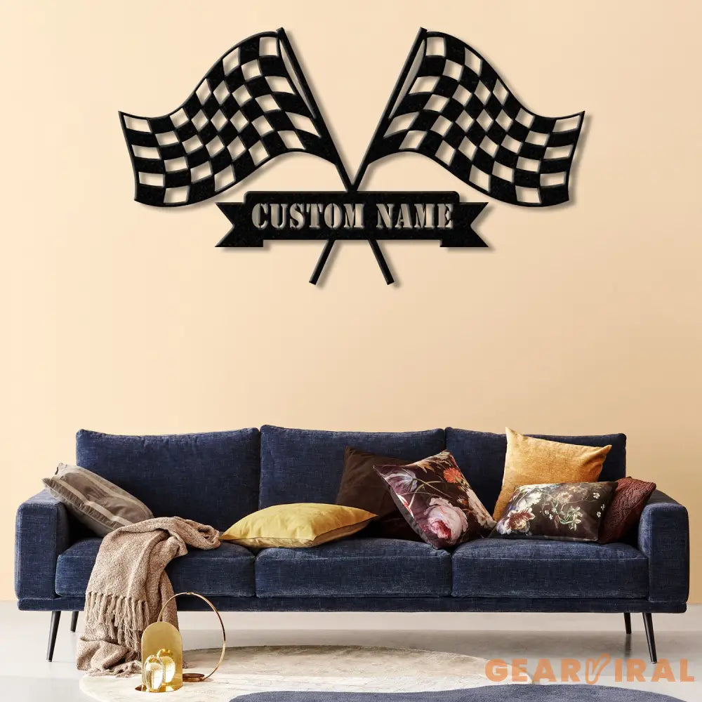 Personalized Start Finish Racing Flag Metal Wall Art LED Light Custom Race Checkered Flag Name Sign Checker Topper