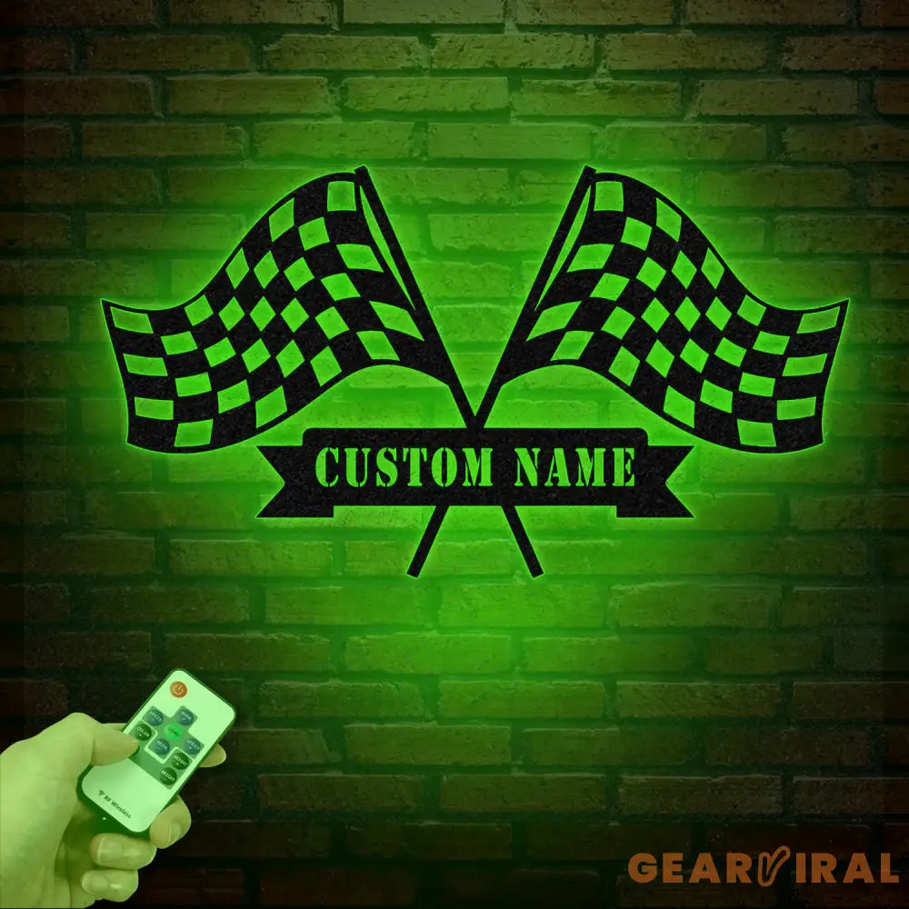 Personalized Start Finish Racing Flag Metal Wall Art LED Light Custom Race Checkered Flag Name Sign Checker Topper