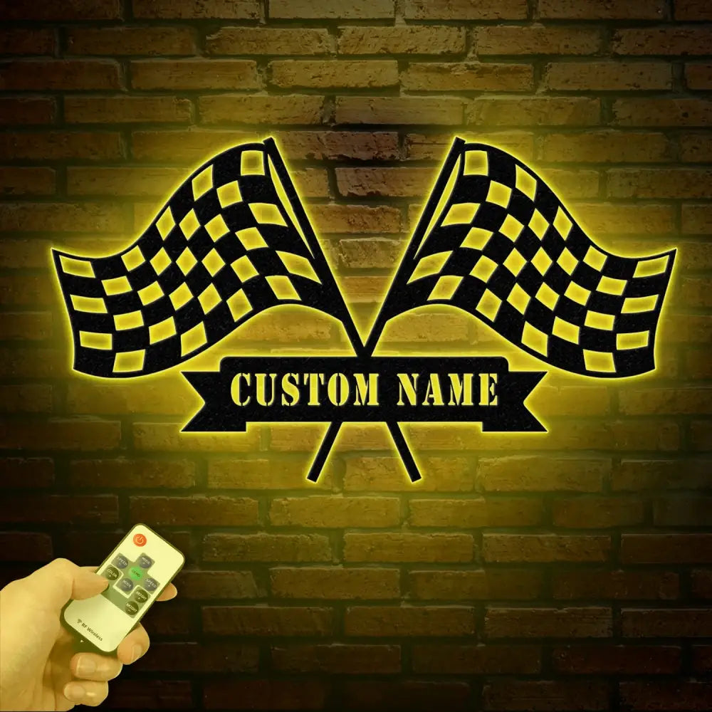 Personalized Start Finish Racing Flag Metal Wall Art LED Light Custom Race Checkered Flag Name Sign Checker Topper