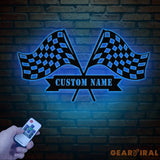 Personalized Start Finish Racing Flag Metal Wall Art LED Light Custom Race Checkered Flag Name Sign Checker Topper
