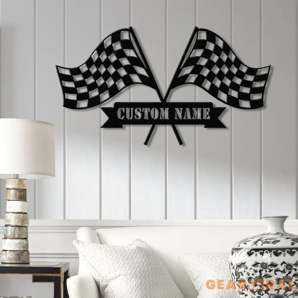 Personalized Start Finish Racing Flag Metal Wall Art LED Light Custom Race Checkered Flag Name Sign Checker Topper