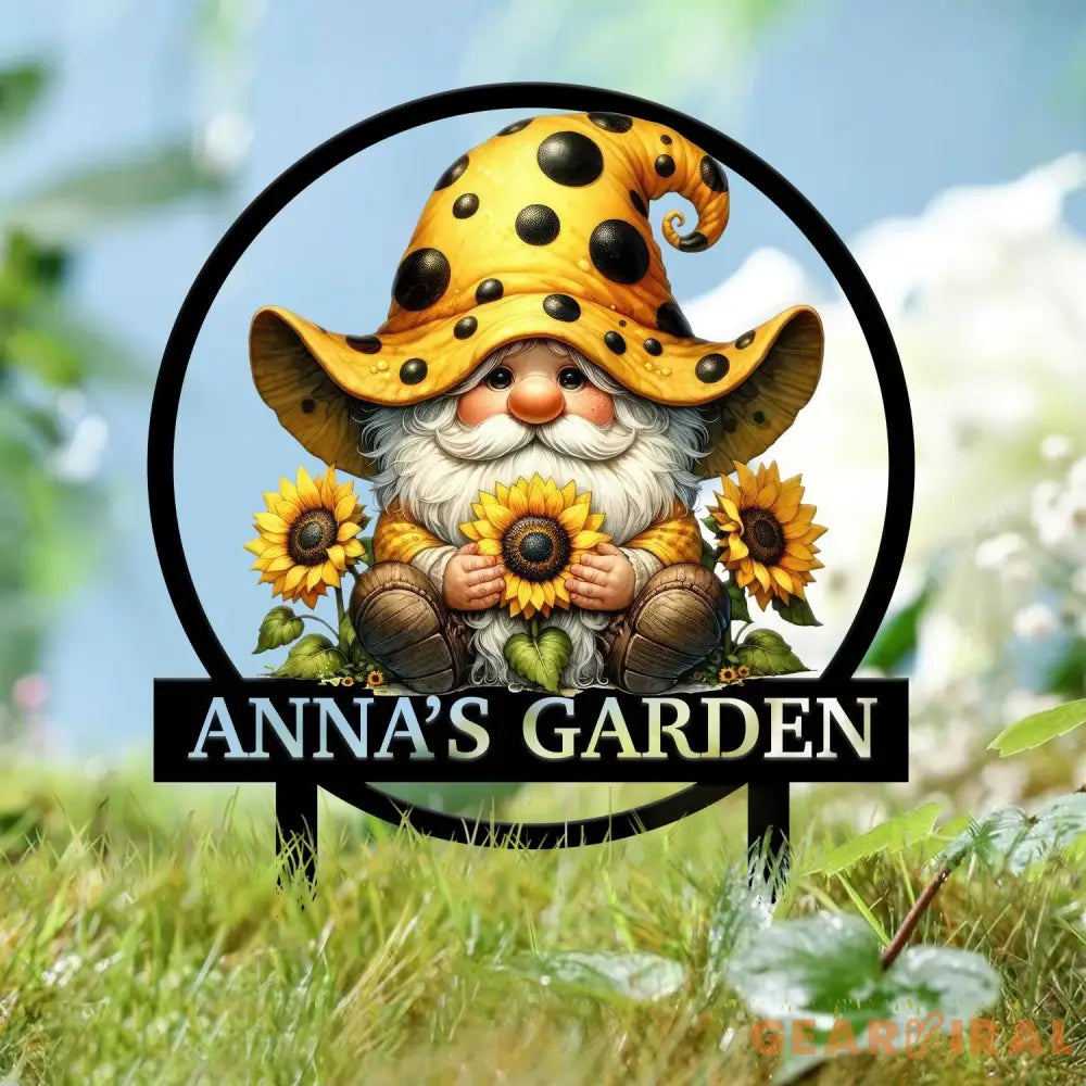 Personalized Sunflower Garden Gnome Yard Stake Custom Gnome Gifts Gnome Metal Art Yard Decor Outdoor Lawn Decor Garden