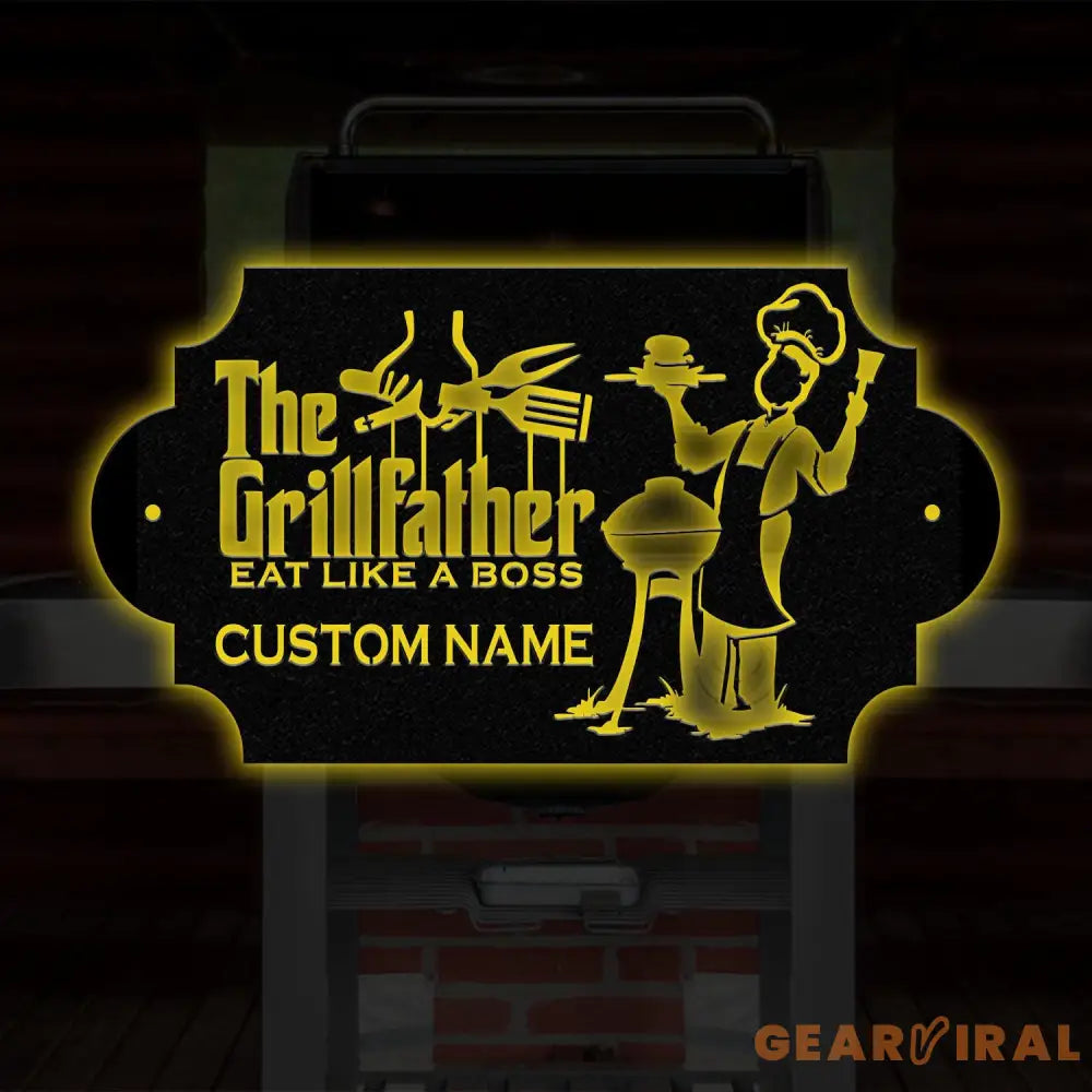 Personalized The Grill Father Metal Sign with LED Light Metal Barbecue Sign Bar Signs BBQ Signs Outdoor Kitchen Metal