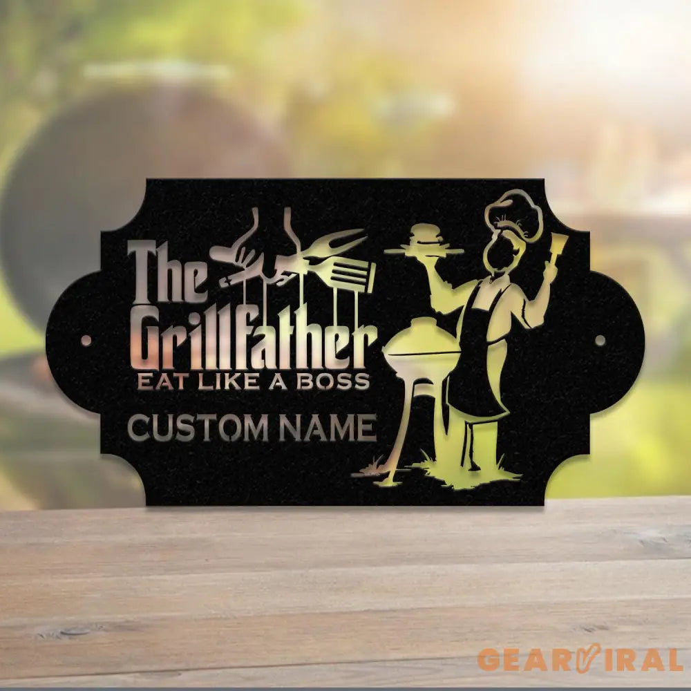 Personalized The Grill Father Metal Sign with LED Light Metal Barbecue Sign Bar Signs BBQ Signs Outdoor Kitchen Metal