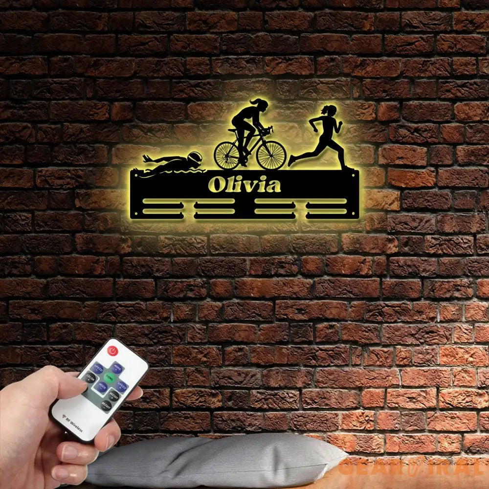 Personalized Triathlon Medal Holder with Led Light Custom Metal Hanger Sports Medal Display Rack for Awards Triathlete