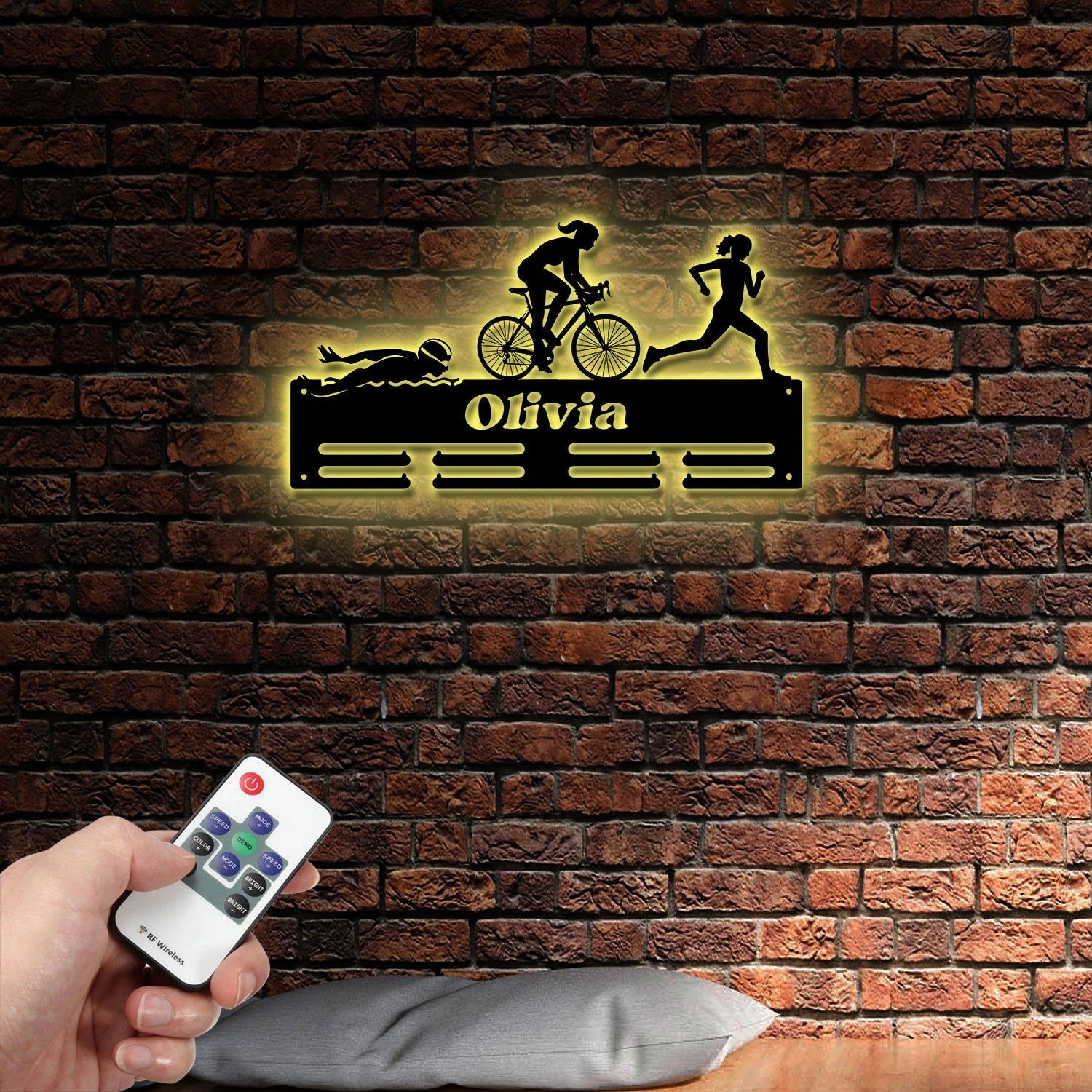 Personalized Triathlon Medal Holder with Led Light, Custom Metal Hanger, Sports Medal Display Rack for Awards Triathlete Cycling Biking Swim