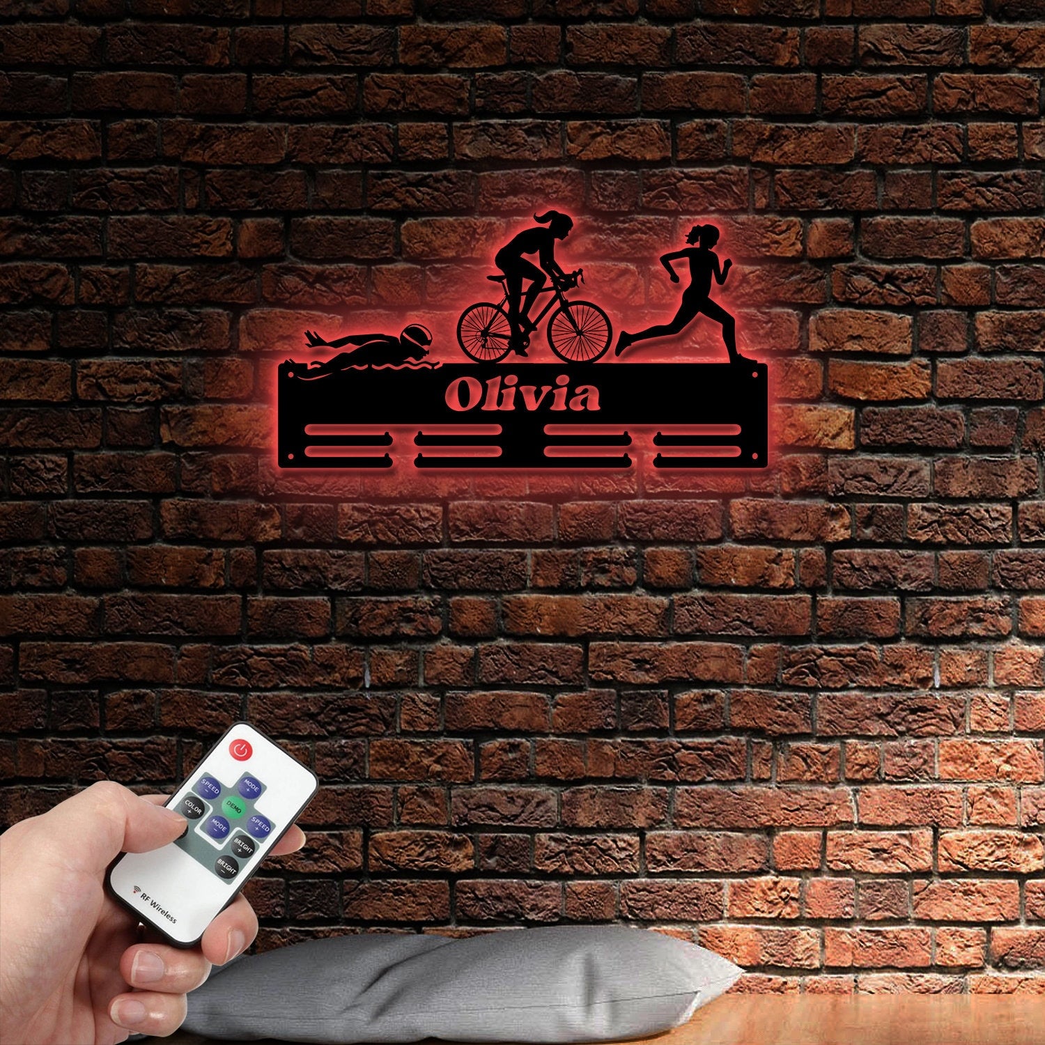 Personalized Triathlon Medal Holder with Led Light, Custom Metal Hanger, Sports Medal Display Rack for Awards Triathlete Cycling Biking Swim