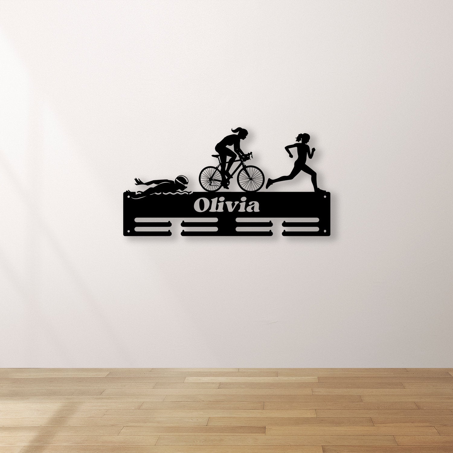 Personalized Triathlon Medal Holder with Led Light, Custom Metal Hanger, Sports Medal Display Rack for Awards Triathlete Cycling Biking Swim