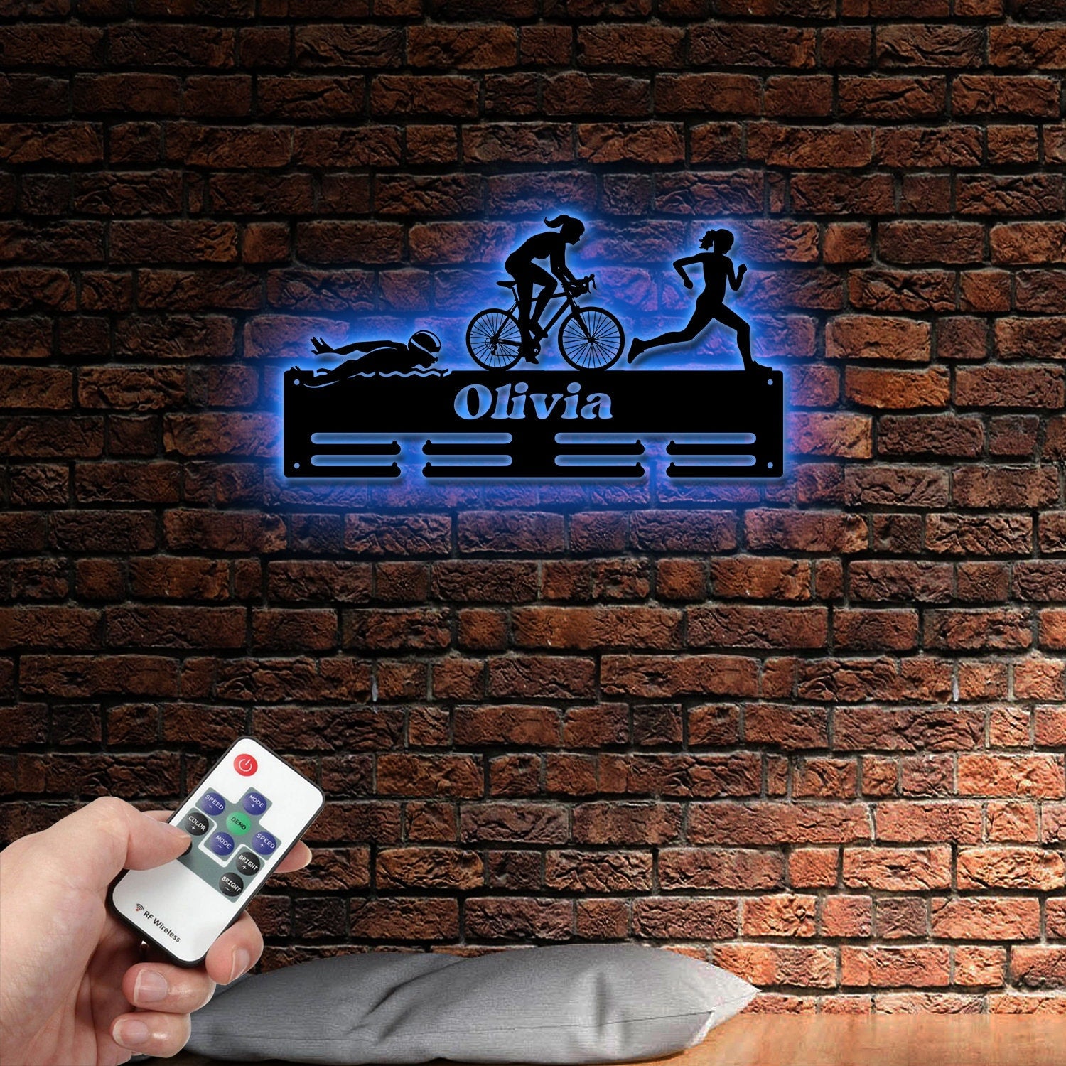 Personalized Triathlon Medal Holder with Led Light, Custom Metal Hanger, Sports Medal Display Rack for Awards Triathlete Cycling Biking Swim