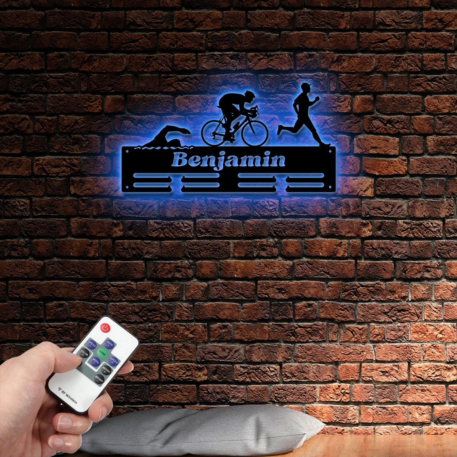Personalized Triathlon Medal Holder with Led Light, Custom Name Metal Hanger, Sports Medal Display Rack for Awards Triathlete Cycling Biking Swim