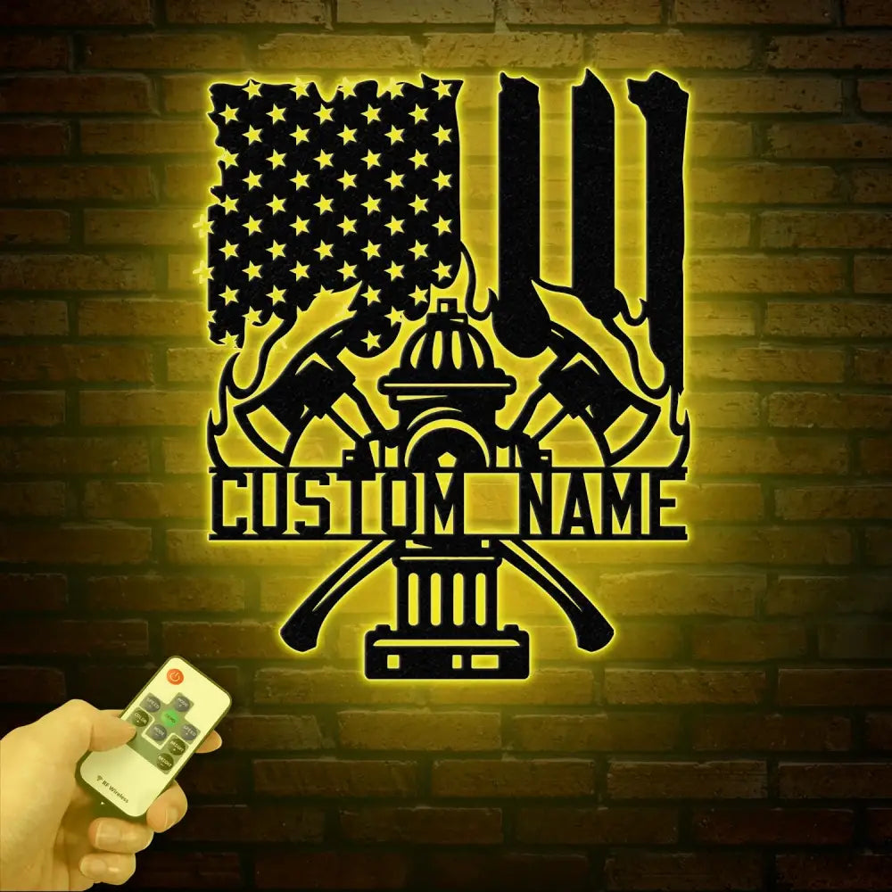 Personalized US Fire Hydrant Metal Wall Art LED Light Custom Fireman Name Sign FD Home Decor Firefighter Gift Wall Decor