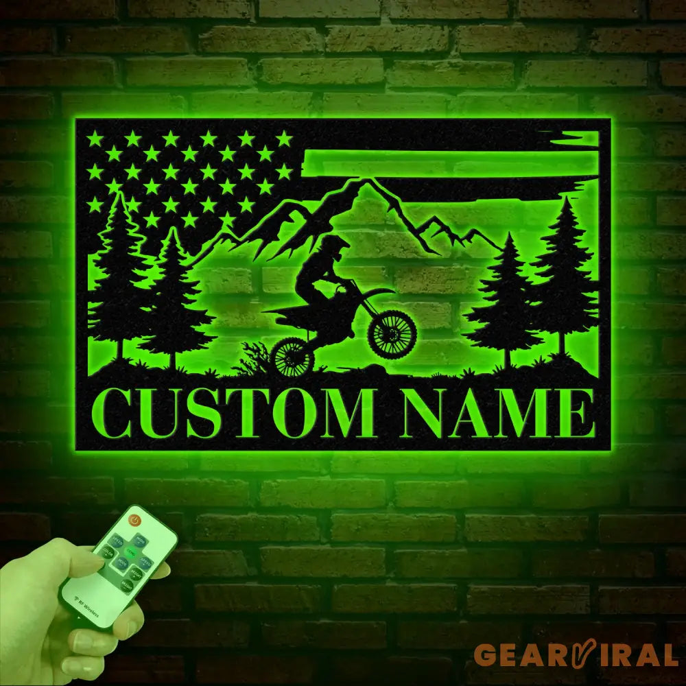 Personalized US Flag Dirt Bike Metal Sign with Led Light - Motocross Decor Biker Name Sign Outdoor Motorcycle Wall Art
