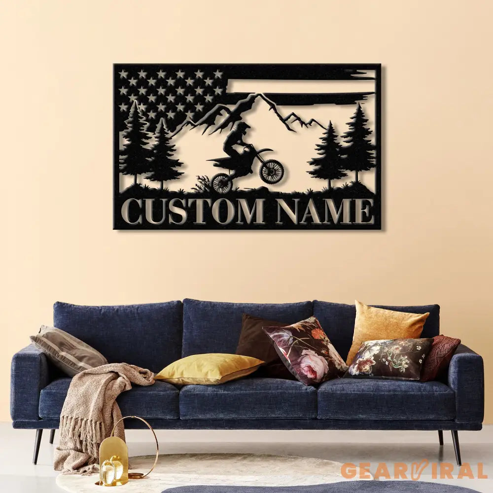 Personalized US Flag Dirt Bike Metal Sign with Led Light - Motocross Decor Biker Name Sign Outdoor Motorcycle Wall Art