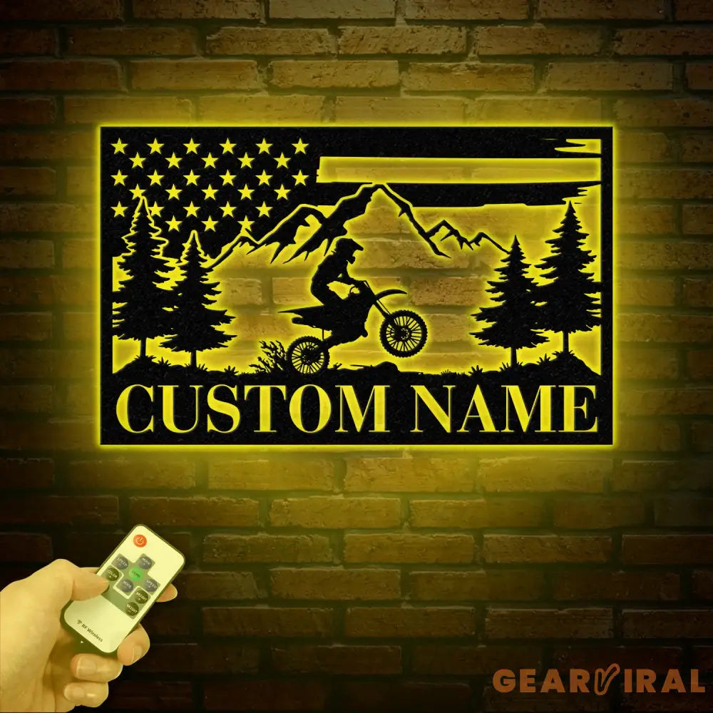 Personalized US Flag Dirt Bike Metal Sign with Led Light - Motocross Decor Biker Name Sign Outdoor Motorcycle Wall Art