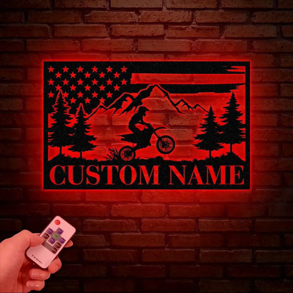 Personalized US Flag Dirt Bike Metal Sign with Led Light - Motocross Decor Biker Name Sign Outdoor Motorcycle Wall Art