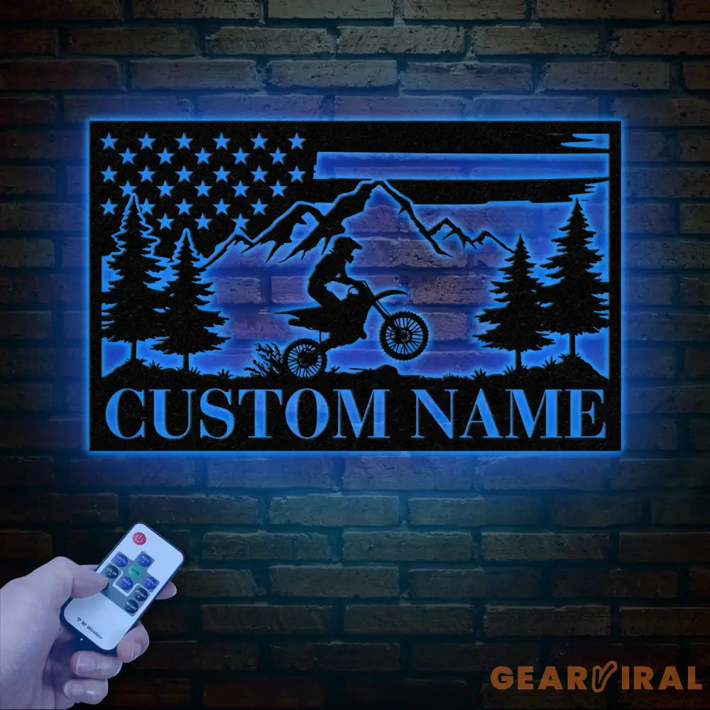 Personalized US Flag Dirt Bike Metal Sign with Led Light - Motocross Decor Biker Name Sign Outdoor Motorcycle Wall Art