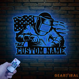 Personalized US Flag Welder Metal Sign with Led Light Custom Mechanic Name Wall Art Ironworker Sign Welder Metal Wall
