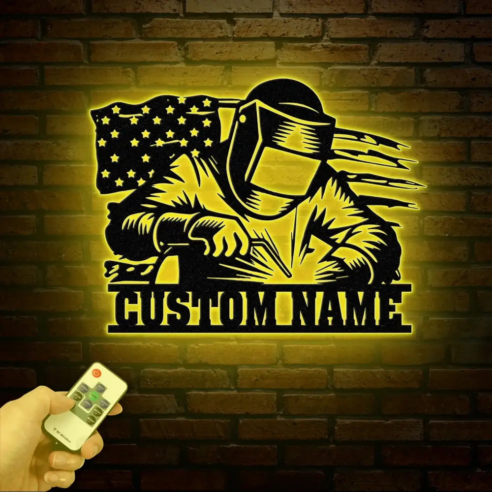 Personalized US Flag Welder Metal Sign with Led Light Custom Mechanic Name Wall Art Ironworker Sign Welder Metal Wall
