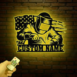 Personalized US Flag Welder Metal Sign with Led Light Custom Mechanic Name Wall Art Ironworker Sign Welder Metal Wall