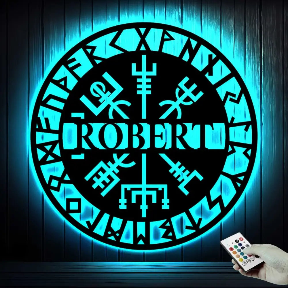 Personalized Viking Metal Sign with Light - Vegvisir Wall Art - Custom Name Room Sign - Viking Compass Wall Decor