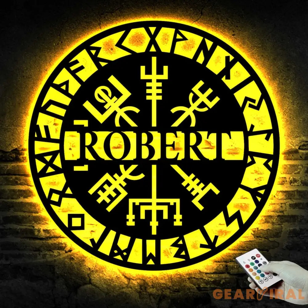 Personalized Viking Metal Sign with Light - Vegvisir Wall Art - Custom Name Room Sign - Viking Compass Wall Decor