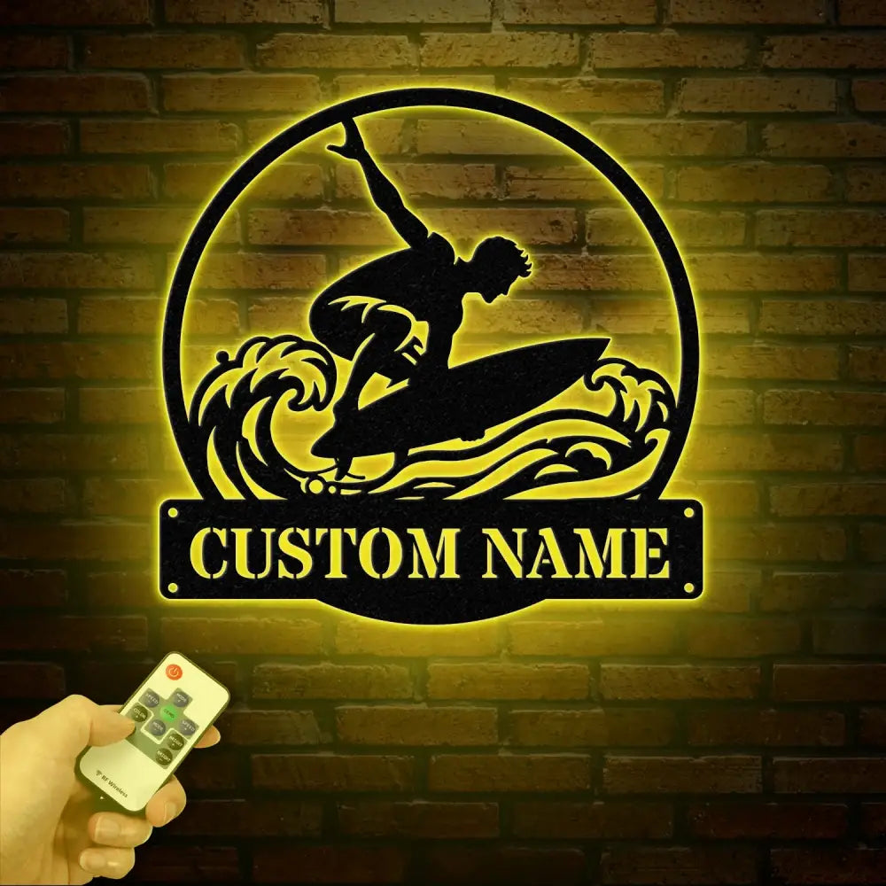 Personalized Wave Surfing Metal Sign with Led Light Custom Surfer Name Sign Water Sport Sign Xmas Birthday Gift Surf