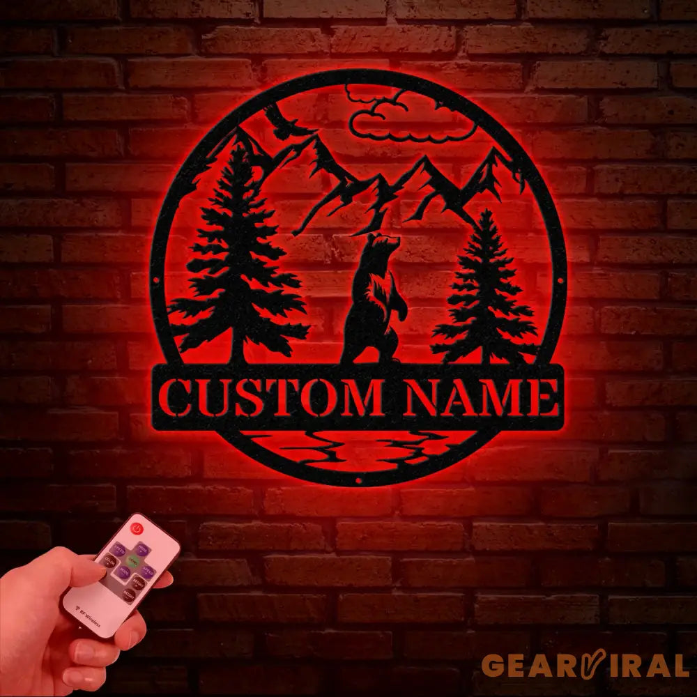 Personalized Wilderness Bear Cabin Sign with Led Light - Rustic Mountain Decor Metal Bear Outdoor Sign Cabin Door Decor