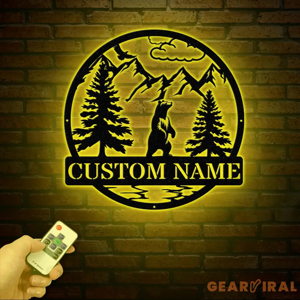 Personalized Wilderness Bear Cabin Sign with Led Light - Rustic Mountain Decor Metal Bear Outdoor Sign Cabin Door Decor
